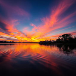 An artistic image of a vibrant sunset over a serene lake, with the sky painted in hues of orange, pink, and purple reflecting in the smooth water