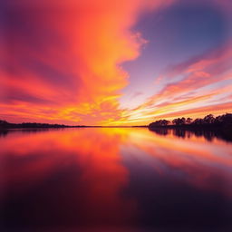 An artistic image of a vibrant sunset over a serene lake, with the sky painted in hues of orange, pink, and purple reflecting in the smooth water