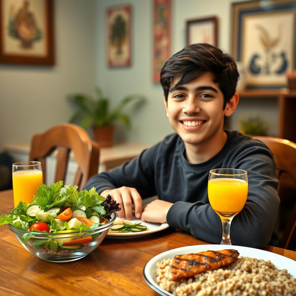 A healthy Iranian teenage boy, sitting at a wooden dining table, enjoying a colorful, nutritious meal