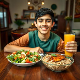 A healthy Iranian teenage boy, sitting at a wooden dining table, enjoying a colorful, nutritious meal