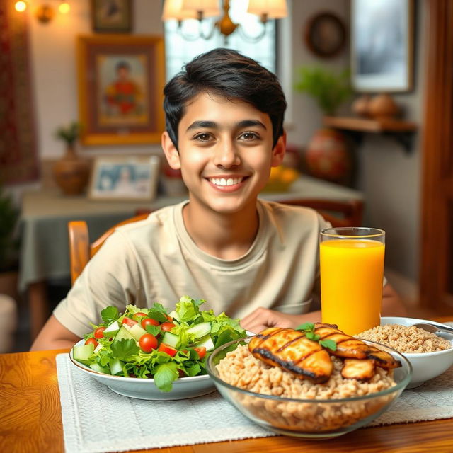 A healthy Iranian teenage boy, sitting at a wooden dining table, enjoying a colorful, nutritious meal