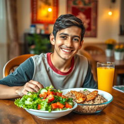 A healthy Iranian teenage boy, sitting at a wooden dining table, enjoying a colorful, nutritious meal