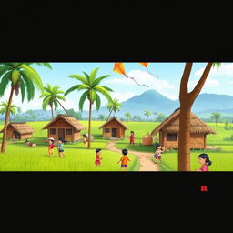 A vibrant cartoon-style depiction of a rural village in Indonesia