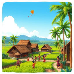 A vibrant cartoon-style depiction of a rural village in Indonesia