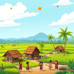 A vibrant cartoon-style depiction of a rural village in Indonesia