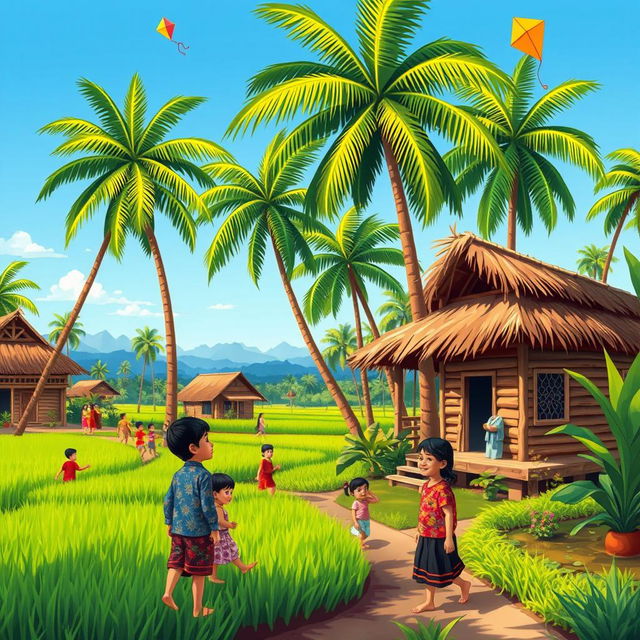 A vibrant cartoon-style depiction of a rural village in Indonesia