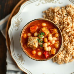 A beautifully arranged plate of white bean soup with tender pieces of meat and rich tomato sauce, accompanied by a side of brown rice