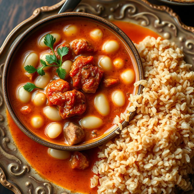 A beautifully arranged plate of white bean soup with tender pieces of meat and rich tomato sauce, accompanied by a side of brown rice