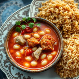 A beautifully arranged plate of white bean soup with tender pieces of meat and rich tomato sauce, accompanied by a side of brown rice
