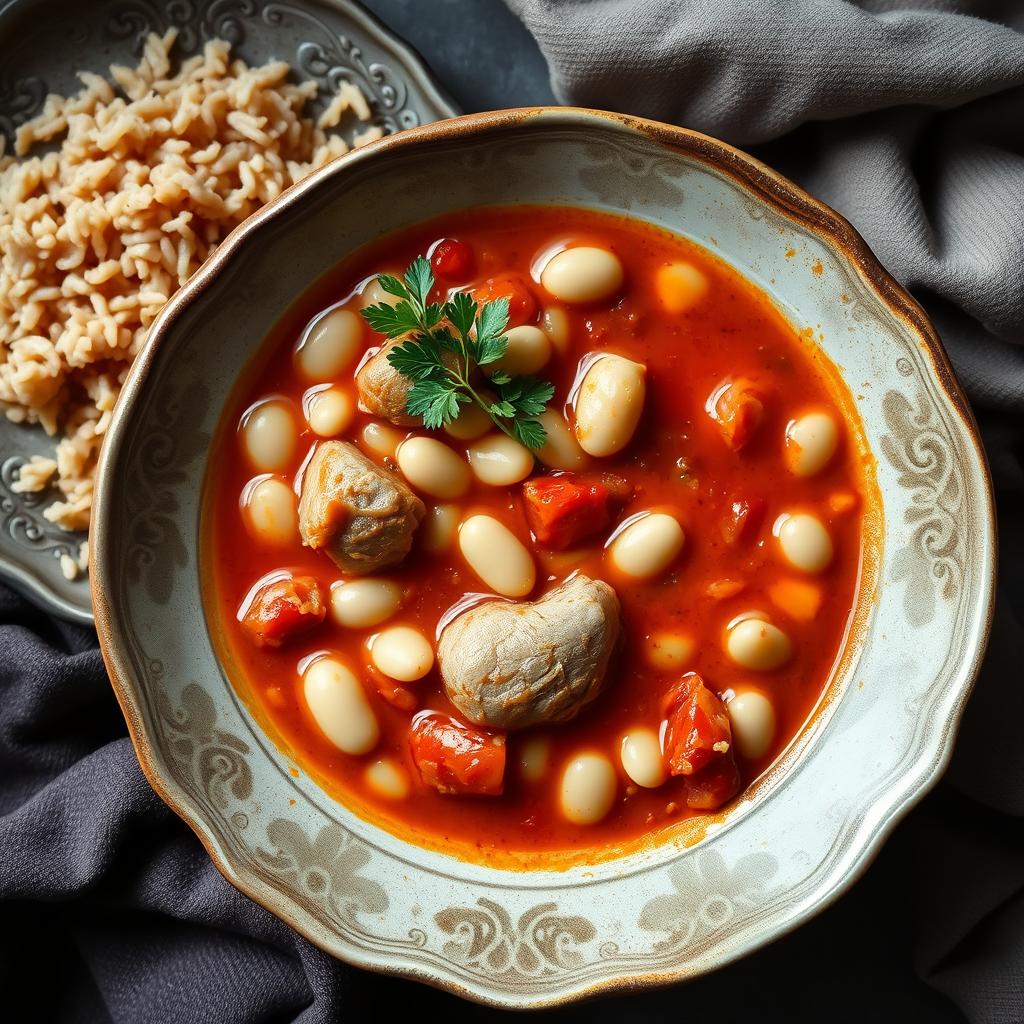 A beautifully arranged plate of white bean soup with tender pieces of meat and rich tomato sauce, accompanied by a side of brown rice