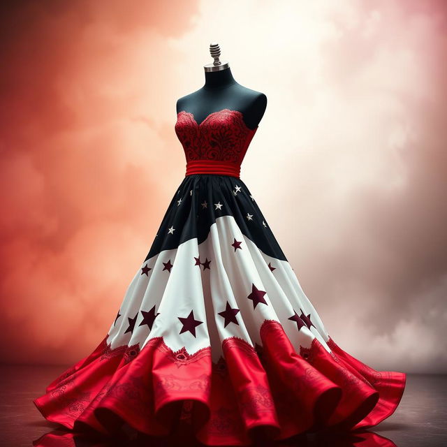 A beautiful and modern dress designed to represent the Syrian revolution, incorporating colors of the Syrian flag: red, white, and black