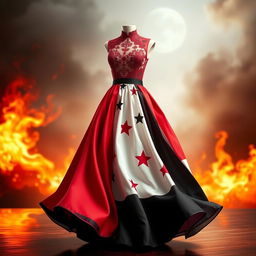 A beautiful and modern dress designed to represent the Syrian revolution, incorporating colors of the Syrian flag: red, white, and black