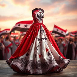 A beautiful and modern dress designed to represent the Syrian revolution, incorporating colors of the Syrian flag: red, white, and black