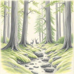 A highly detailed pencil sketch of a tranquil forest scene, featuring tall, slender trees with intricate bark patterns, lush green foliage, and a carpet of soft moss covering the ground