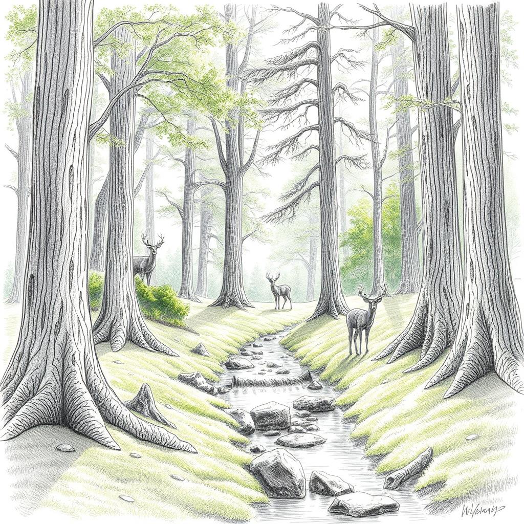 A highly detailed pencil sketch of a tranquil forest scene, featuring tall, slender trees with intricate bark patterns, lush green foliage, and a carpet of soft moss covering the ground