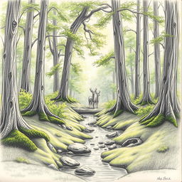 A highly detailed pencil sketch of a tranquil forest scene, featuring tall, slender trees with intricate bark patterns, lush green foliage, and a carpet of soft moss covering the ground