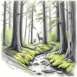 A highly detailed pencil sketch of a tranquil forest scene, featuring tall, slender trees with intricate bark patterns, lush green foliage, and a carpet of soft moss covering the ground
