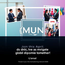 A vibrant and engaging Instagram post for the Global Diplomacy Network Model United Nations (MUN) showcasing three collaborative events scheduled for release in April