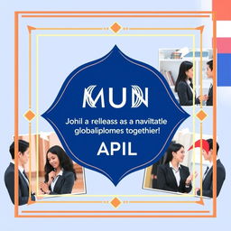A vibrant and engaging Instagram post for the Global Diplomacy Network Model United Nations (MUN) showcasing three collaborative events scheduled for release in April
