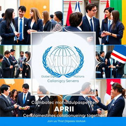 A vibrant and engaging Instagram post for the Global Diplomacy Network Model United Nations (MUN) showcasing three collaborative events scheduled for release in April