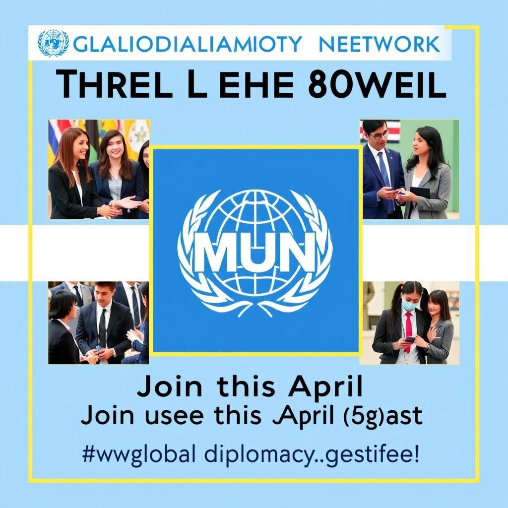A vibrant and engaging Instagram post for the Global Diplomacy Network Model United Nations (MUN) showcasing three collaborative events scheduled for release in April
