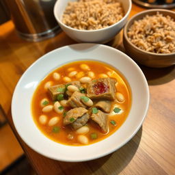 A beautifully arranged plate of white bean soup with tender meat and rich sauce, garnished with fresh herbs