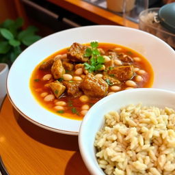 A beautifully arranged plate of white bean soup with tender meat and rich sauce, garnished with fresh herbs