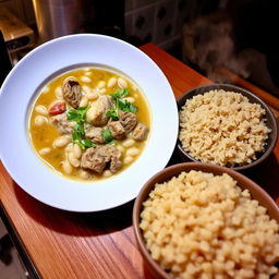 A beautifully arranged plate of white bean soup with tender meat and rich sauce, garnished with fresh herbs