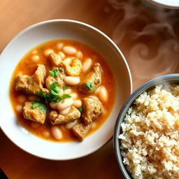 A beautifully arranged plate of white bean soup with tender meat and rich sauce, garnished with fresh herbs