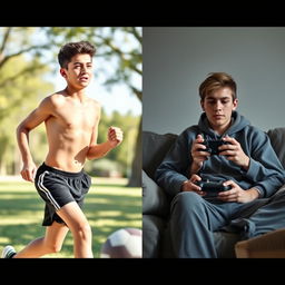A side-by-side comparison image of a healthy Iranian teenage boy and an unhealthy one