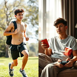 A side-by-side comparison image of a healthy Iranian teenage boy and an unhealthy one