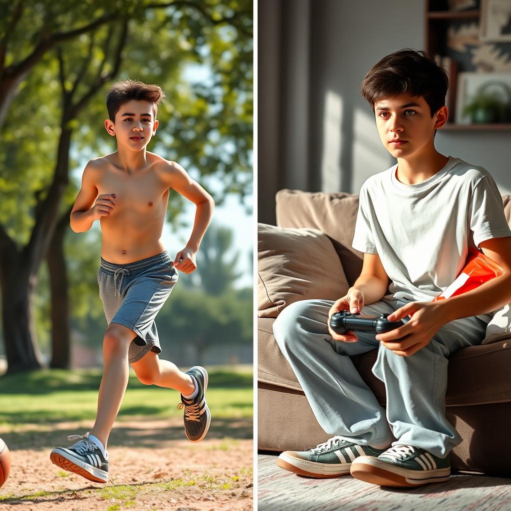 A side-by-side comparison image of a healthy Iranian teenage boy and an unhealthy one