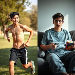 A side-by-side comparison image of a healthy Iranian teenage boy and an unhealthy one