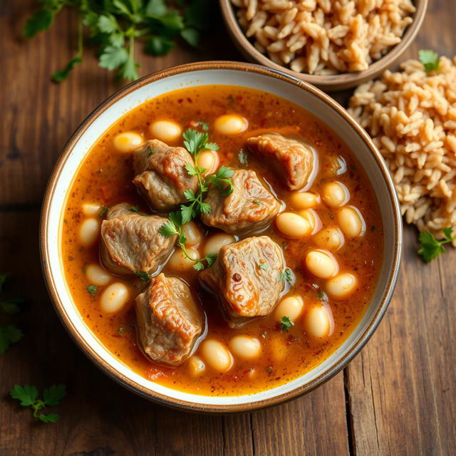 A beautifully arranged plate of white bean soup with tender pieces of meat, garnished with herbs, and a rich, thick sauce