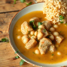 A beautifully arranged plate of white bean soup with tender pieces of meat, garnished with herbs, and a rich, thick sauce
