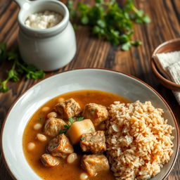 A beautifully arranged plate of white bean soup with tender pieces of meat, garnished with herbs, and a rich, thick sauce