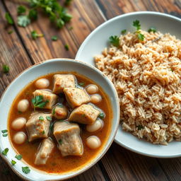 A beautifully arranged plate of white bean soup with tender pieces of meat, garnished with herbs, and a rich, thick sauce