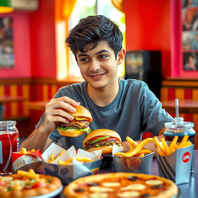 A healthy Iranian teenage boy sitting at a table, looking curiously at a variety of junk food spread in front of him