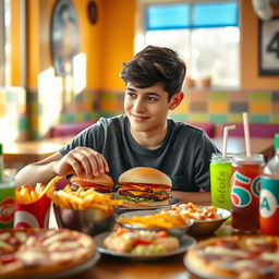 A healthy Iranian teenage boy sitting at a table, looking curiously at a variety of junk food spread in front of him