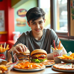 A healthy Iranian teenage boy sitting at a table, looking curiously at a variety of junk food spread in front of him
