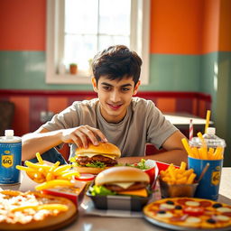 A healthy Iranian teenage boy sitting at a table, looking curiously at a variety of junk food spread in front of him