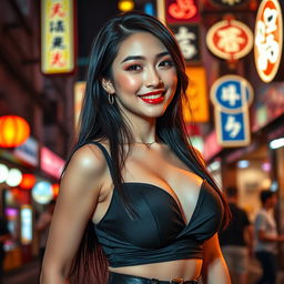 A beautiful Chinese woman with very large breasts, showcasing a playful and flirtatious expression