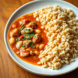 A beautifully arranged plate of white bean soup with tender meat and a rich tomato sauce, served alongside a portion of fluffy brown rice