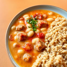 A beautifully arranged plate of white bean soup with tender meat and a rich tomato sauce, served alongside a portion of fluffy brown rice