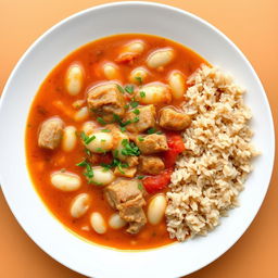 A beautifully arranged plate of white bean soup with tender meat and a rich tomato sauce, served alongside a portion of fluffy brown rice