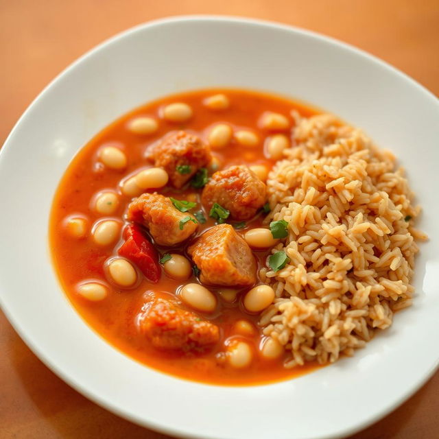 A beautifully arranged plate of white bean soup with tender meat and a rich tomato sauce, served alongside a portion of fluffy brown rice