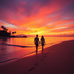 A stunning sunset over a tranquil beach, featuring vibrant orange and purple hues in the sky reflecting on the calm water