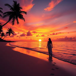 A stunning sunset over a tranquil beach, featuring vibrant orange and purple hues in the sky reflecting on the calm water