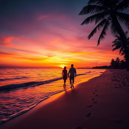 A stunning sunset over a tranquil beach, featuring vibrant orange and purple hues in the sky reflecting on the calm water