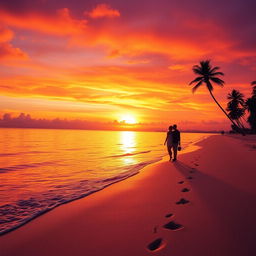 A stunning sunset over a tranquil beach, featuring vibrant orange and purple hues in the sky reflecting on the calm water